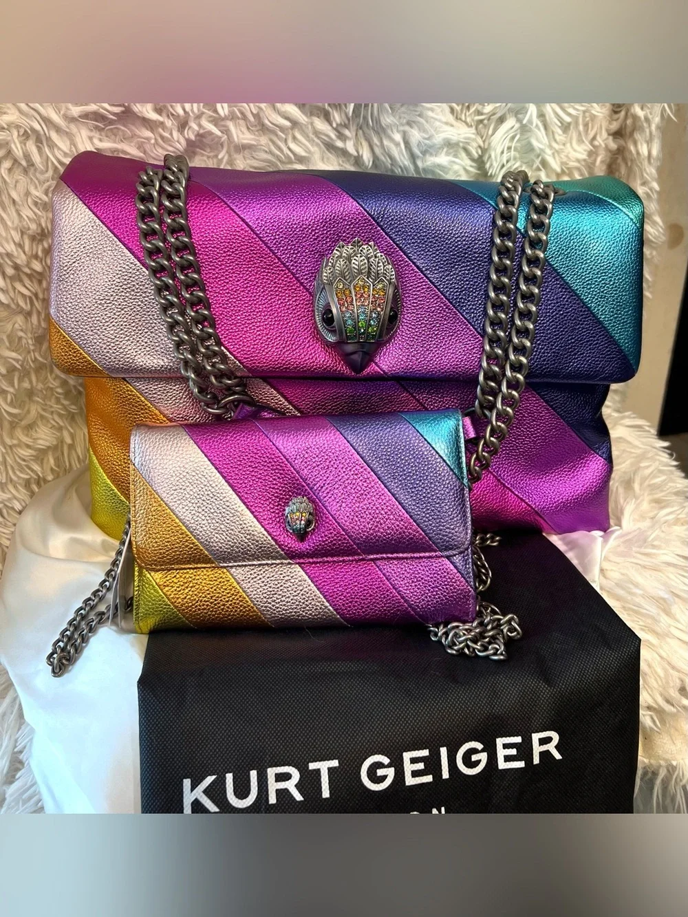 💜Kurt Geiger London rainbow-stripe metallic clutch wallet bag💜NWT